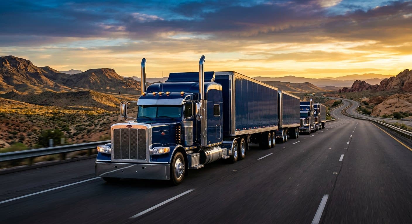 Convoy of polished navy semi trucks on an open highway at golden sunrise
