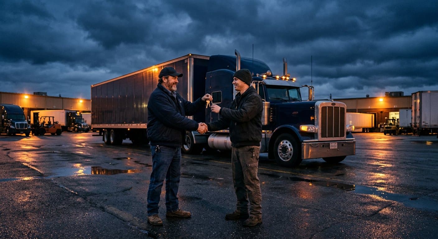 Two truckers shaking hands beside a navy semi truck at a freight terminal at dusk