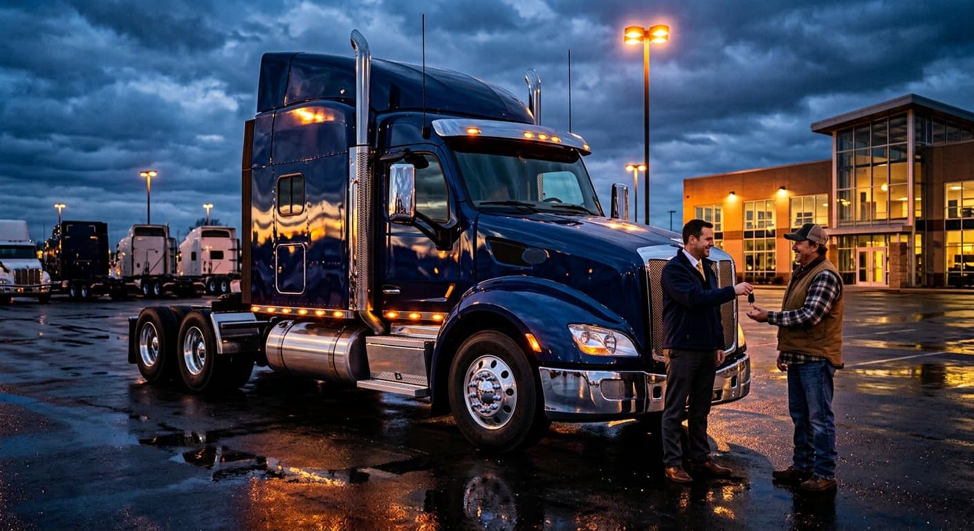 New navy semi truck on a dealership lot at dusk with keys being handed over