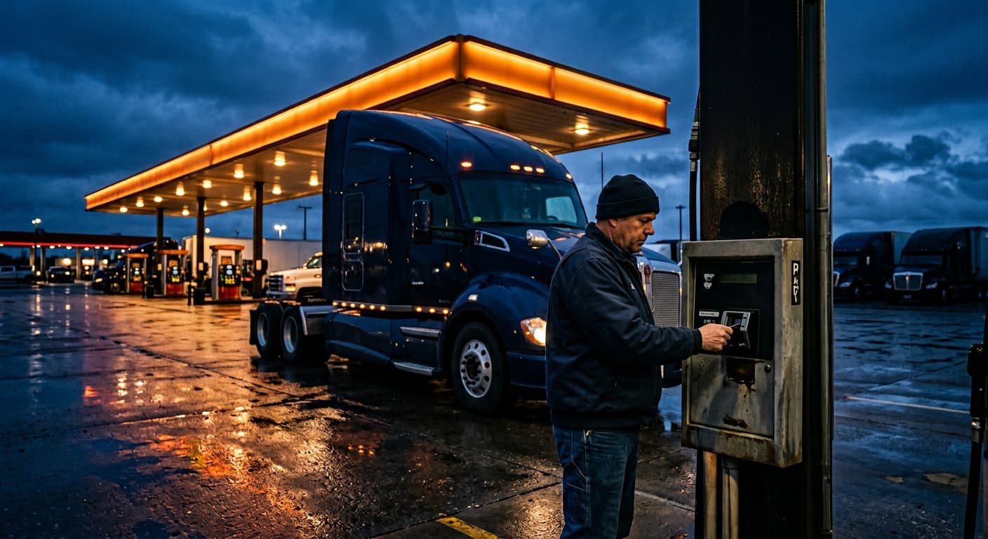 Truck driver using a QP fuel card at a truck stop fuel island at dusk