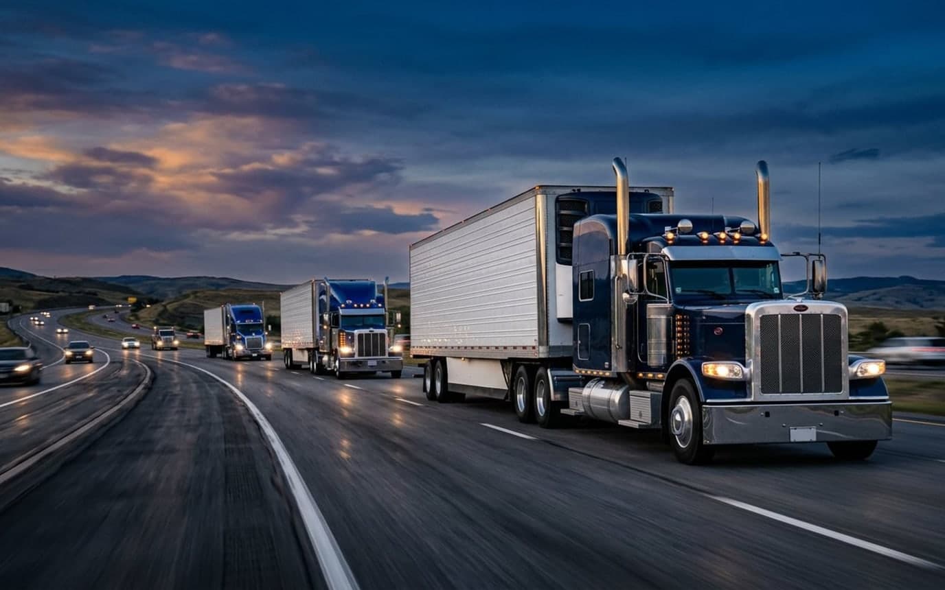QP Trucking Solutions client fleet running interstate at golden hour
