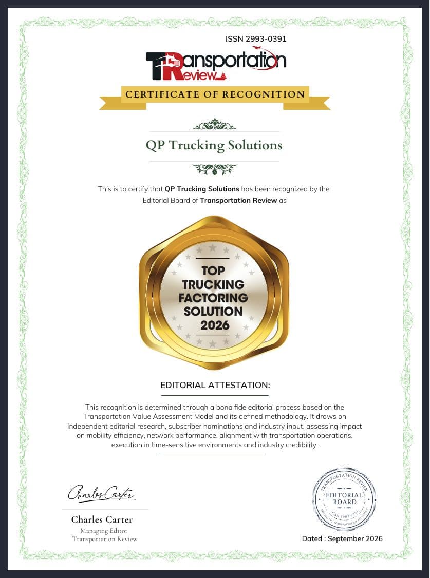 Certificate of Recognition — QP Trucking Solutions, Top Trucking Factoring Solution 2026