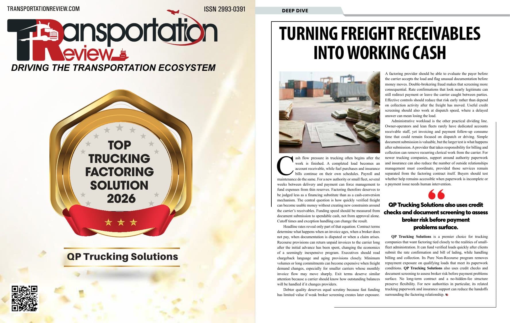Transportation Review cover and Deep Dive article: Turning Freight Receivables Into Working Cash