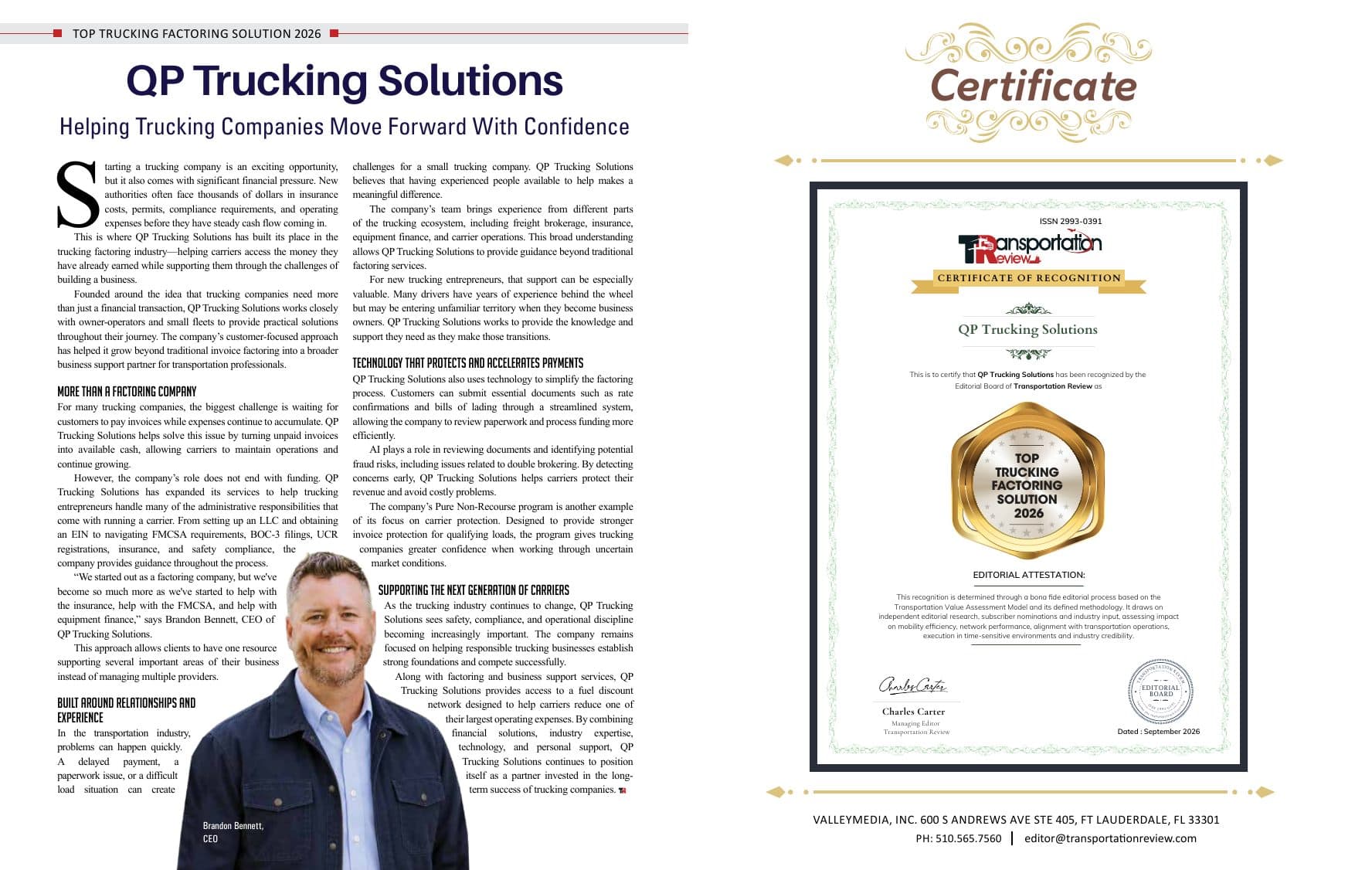 Transportation Review featured profile page: QP Trucking Solutions